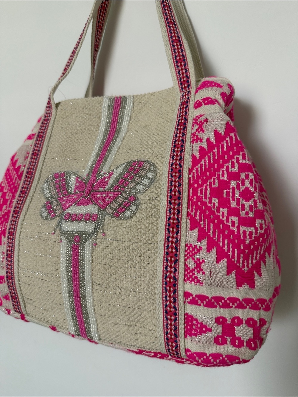 Pink and Cream Embroidered Tote Bag